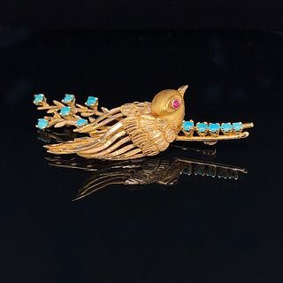 14k Art Nouveau Bird Turquoise Brooch