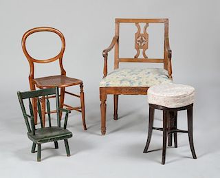 Italian Carved Walnut Armchair, Victorian Mahogany Caned-Seat Side Chair, Small Green Painted Child's Armchair, and an Adjustable Mahogany Piano Stool
