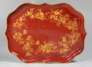 Victorian Red Painted and Parcel-Gilt Papier-Mâché Tray
