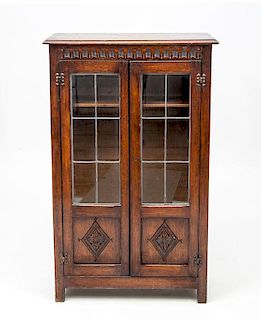 Arts and Crafts Stained Oak and Leaded Glass Bookcase