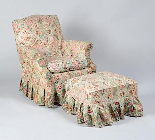 Cotton Chintz-Upholstered Armchair and Ottoman