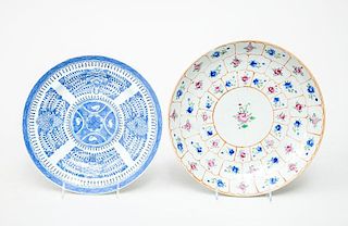 Chinese Blue and White Porcelain Soup Plate and a Famille Rose Charger for the Near Eastern Market