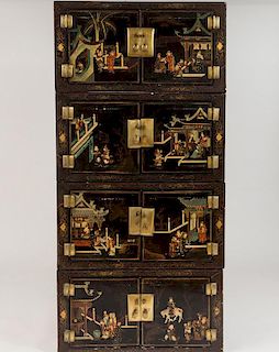 Chinese Brass-Mounted Black and Polychrome Painted and Parcel-Gilt Four Stackable Chests