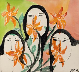 Three Young Women Acrylic on Cotton Painting Signed