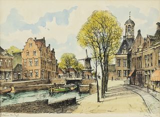 Dutch Canal Scene Aquatint Signed