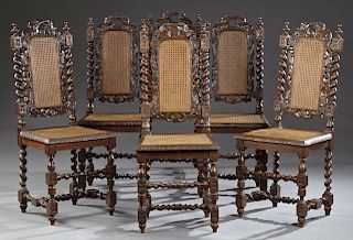 Set of Six Jacobean Style Carved Walnut Dining Cha