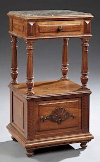 Henri II Style Carved Walnut Marble Top Nightstand