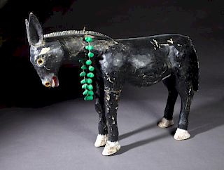 Mexican Polychromed Carved Wooden Folk Art Donkey