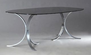 French Modern Steel and Smoked Glass Dining Table,