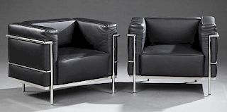 Pair of Chrome and Black Leather Modern Armchairs,