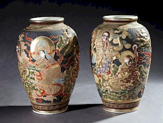 Pair of Large Japanese Satsumma Baluster Vases, 20
