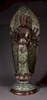 Rare Oriental Patinated Bronze and Cloisonne Bodhi