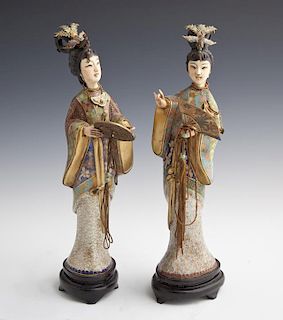 Pair of Oriental Cloisonne Figures of Women, c. 19