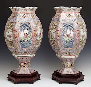 Pair of Chinese Famille Rose Porcelain Lamps, 20th