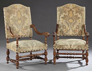 Pair of Louis XIII Carved Walnut Upholstered Faute
