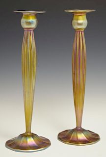 Pair of Tiffany Studios Gold Favrile Candlesticks,