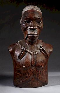 African Carved Mahogany Bust of a Tribesman, 20th