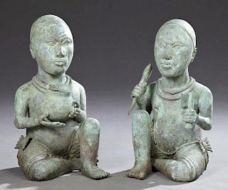 Pair of African Patinated Bronze Figures, 20th c.,