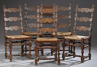 Set of Six French Carved Beech Rushseat Ladderback