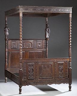 Continental Carved Oak Four Post Bed, 19th c., the
