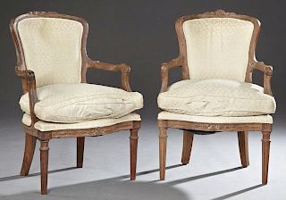 Pair of Louis XVI Style Carved Walnut Upholstered