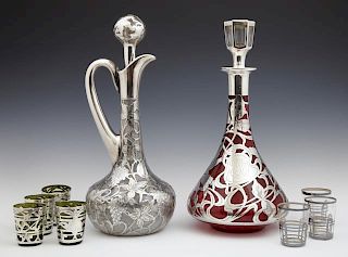 Two Sterling Overlay Glass Decanters, 20th c., one