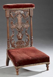 French Carved Oak Prie Dieu, 19th c., the upholste