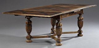 French Jacobean Style Carved Oak Draw Leaf Table,