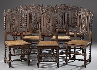Set of Ten French Jacobean Style Carved Oak Dining
