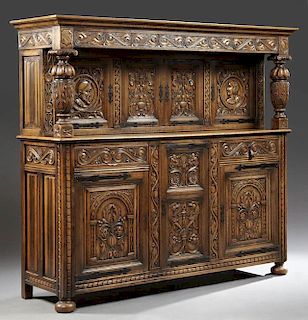 French Jacobean Style Carved Oak Court Cupboard, 1