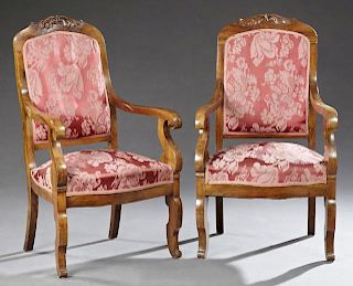 Pair of Carved Walnut Restoration Upholstered Faut