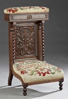 French Carved Oak Prie Dieu, c. 1870, the needlepo