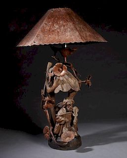 Unusual Carved Wood and Wrought Iron Lamp, 20th c.