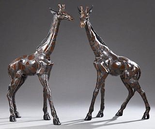 Pair of Large Patinated Bronze Giraffe Figures, 20