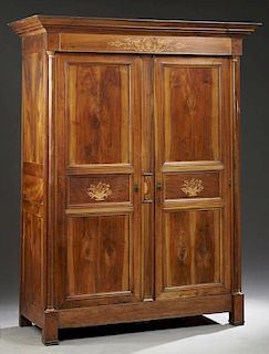 French Charles X Marquetry Inlaid Walnut Armoire,
