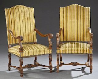 Pair of Louis XIII Style Carved Walnut Upholstered