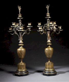 Pair of French Patinated Bronze Seven Light Candel
