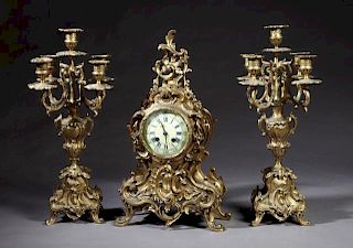 Three Piece French Bronze Clock Set, 19th c., by A