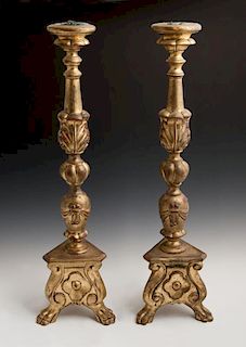 Pair of Italian Style Carved Giltwood Pricket Cand