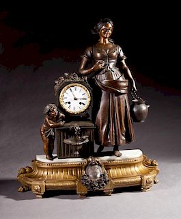Patinated and Gilt Spelter Figural Mantel Clock, 1
