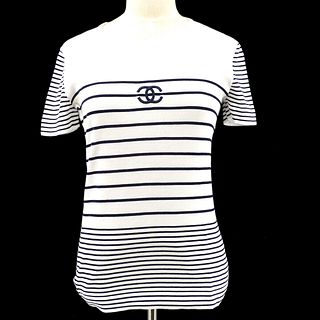 CHANEL #38 CC Striped Round Neck Short Sleeve Knit Tops Navy White Cotton