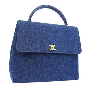 CHANEL Medium Hand Bag Top Handle Purse Denim Indigo Vintage 5574206