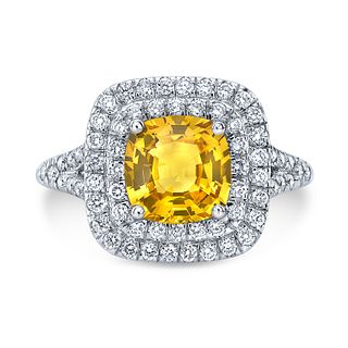 Yellow Sapphire Cushion And Diamond Ring 18k White Gold