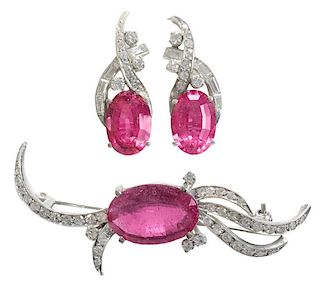 Diamond and Rubellite Brooch, Earrings