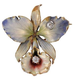 Enamel and Diamond Orchid Pin