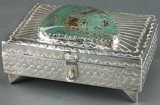 Navajo Silversmithed Box with Large Turquoise