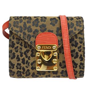 FENDI Leopard Pattern Crossbody Shoulder Bag Brown Black Red Canvas