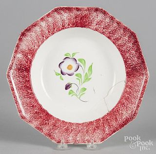 Red spatter soup bowl with primrose decoration, 10 1/2'' dia.