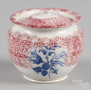 Red spatter covered sugar with transfer blue flowers, 4 1/4'' h.