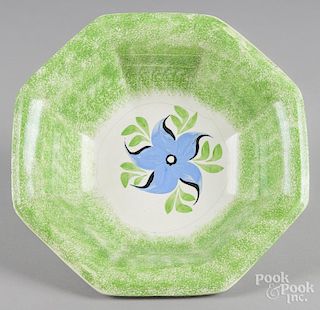 Green spatter basin with morning glory decoration, 4 1/4'' h., 13'' w.